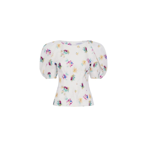 Gabriela Hearst Ayelet Puff Sleeve Mia’s Flowers Top in Ivory Multi Printed Linen Twill