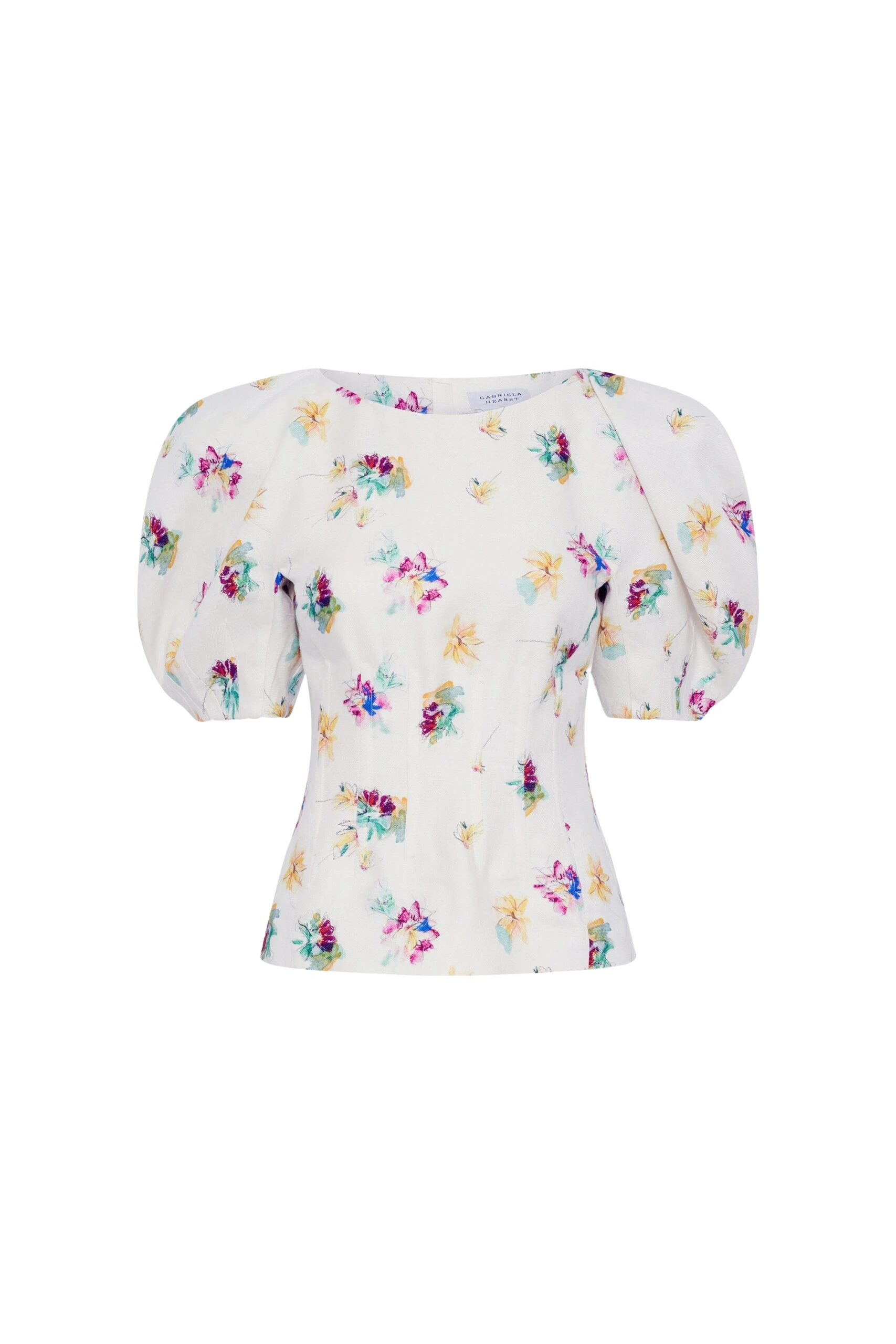 Gabriela Hearst Ayelet Puff Sleeve Mia’s Flowers Top in Ivory Multi Printed Linen Twill
