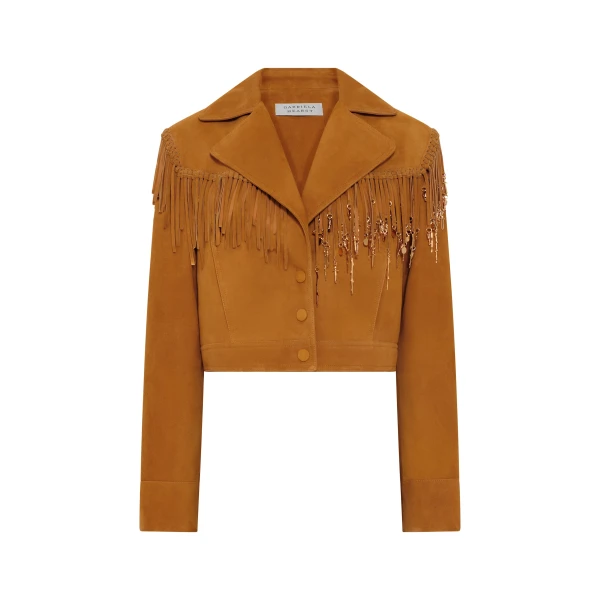 Gabriela Hearst Azra Fringe Jacket in Cashew Suede with Charms, view 6