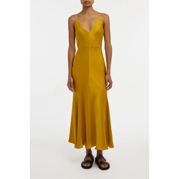Gabriela Hearst Brigita Slip Maxi Dress in Golden Birch Silk Satin, view 2