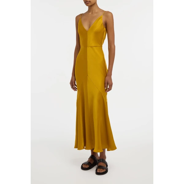 Gabriela Hearst Brigita Slip Maxi Dress in Golden Birch Silk Satin, view 3