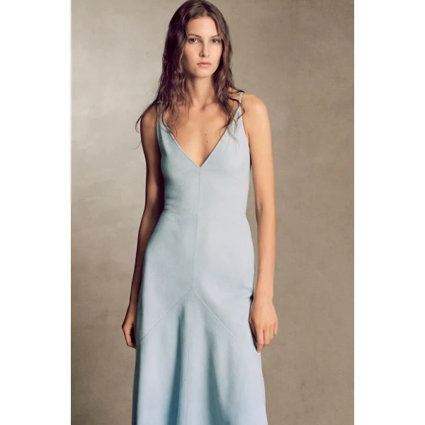 Gabriela Hearst Brigita Slip Maxi Dress in Light Blue Suede, view 2