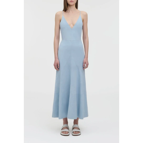 Gabriela Hearst Brigita Slip Maxi Dress in Light Blue Suede, view 3