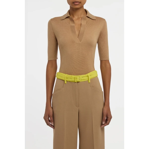 Gabriela Hearst Caius Knit Short Sleeve Polo in Camel Cashmere Silk, view 2