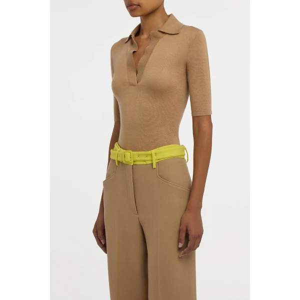 Gabriela Hearst Caius Knit Short Sleeve Polo in Camel Cashmere Silk, view 3