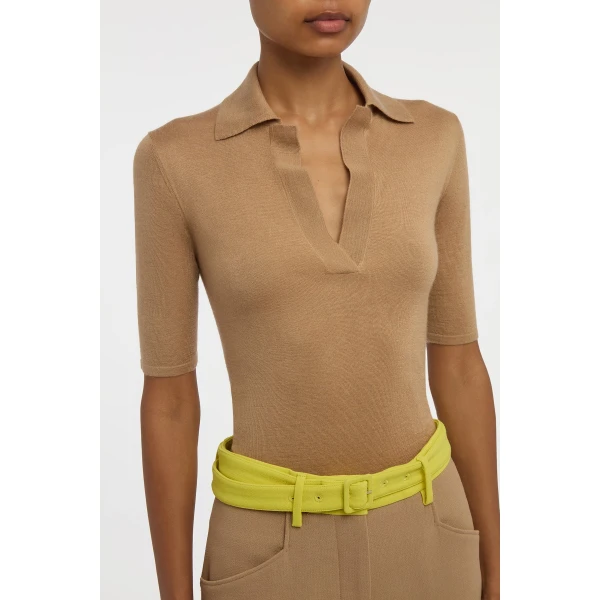 Gabriela Hearst Caius Knit Short Sleeve Polo in Camel Cashmere Silk, view 5