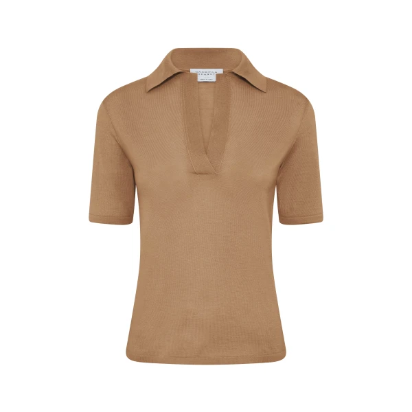 Gabriela Hearst Caius Knit Short Sleeve Polo in Camel Cashmere Silk, view 6