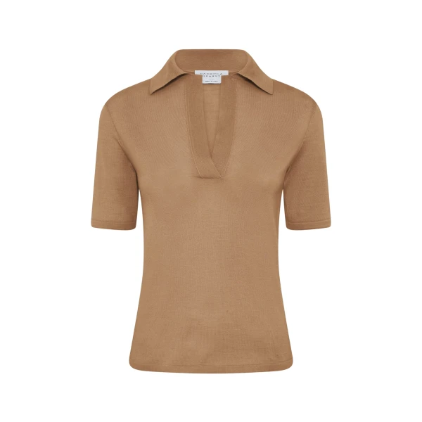 Gabriela Hearst Caius Knit Short Sleeve Polo in Camel Cashmere Silk
