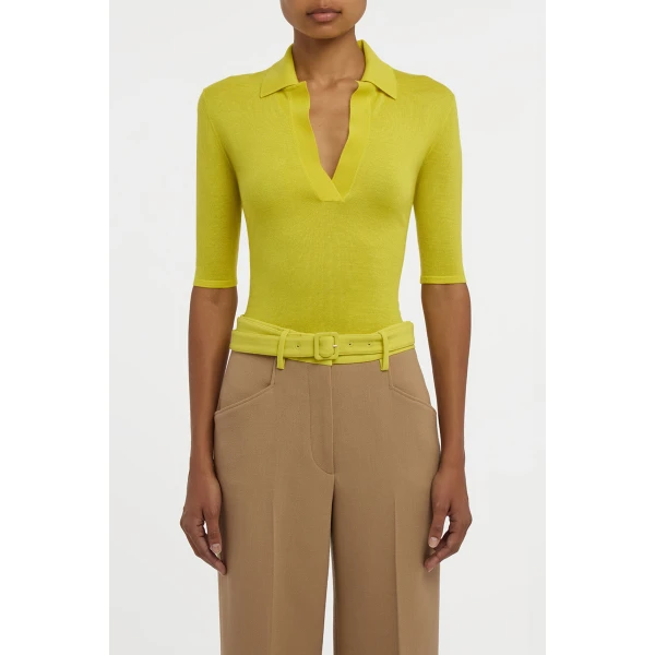 Gabriela Hearst Caius Knit Short Sleeve Polo in Citrine Cashmere Silk, view 3