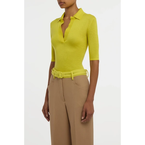 Gabriela Hearst Caius Knit Short Sleeve Polo in Citrine Cashmere Silk, view 4