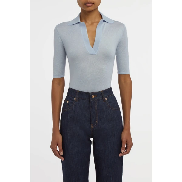 Gabriela Hearst Caius Knit Short Sleeve Polo in Halogen Blue Cashmere Silk, view 2