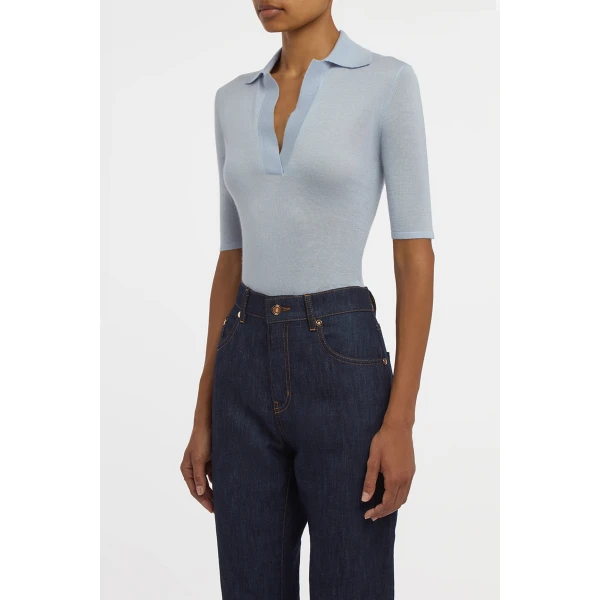 Gabriela Hearst Caius Knit Short Sleeve Polo in Halogen Blue Cashmere Silk, view 3