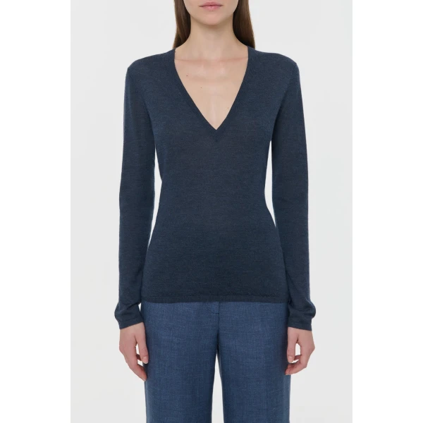 Gabriela Hearst Clementia Knit V-Neck Sweater in Denim Cashmere Silk, view 2
