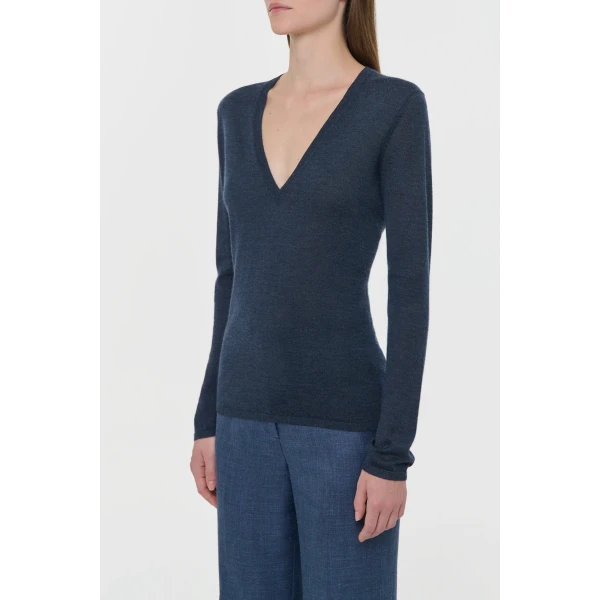 Gabriela Hearst Clementia Knit V-Neck Sweater in Denim Cashmere Silk, view 3