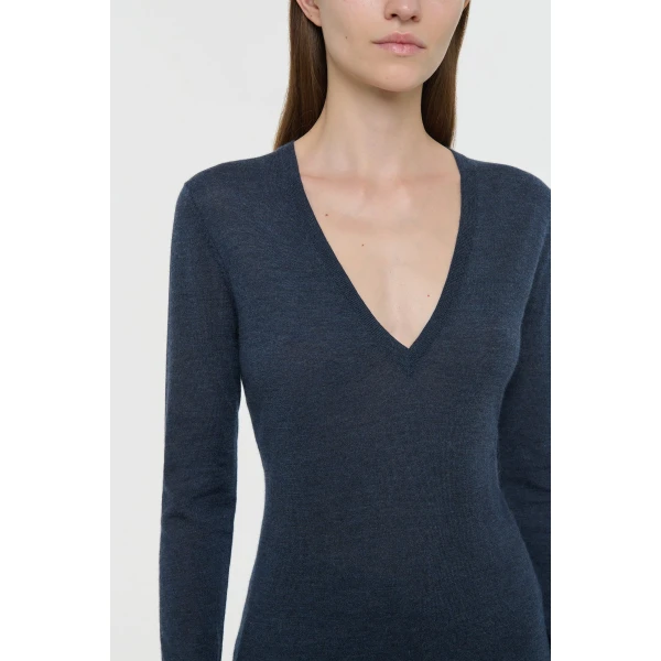 Gabriela Hearst Clementia Knit V-Neck Sweater in Denim Cashmere Silk, view 5