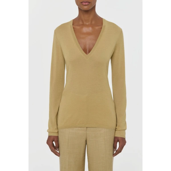 Gabriela Hearst Clementia Knit V-Neck Sweater in Hay Cashmere Silk, view 2