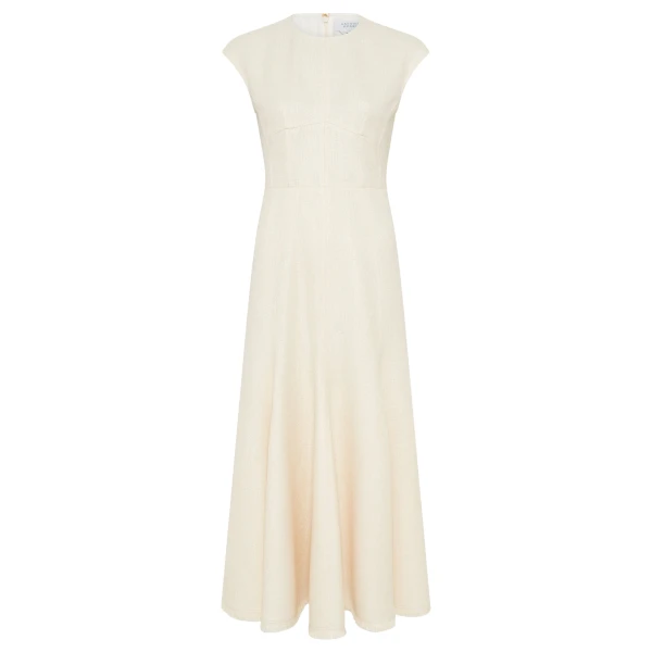 Gabriela Hearst Crowther Midi Dress in Ivory Virgin Wool Silk Slub
