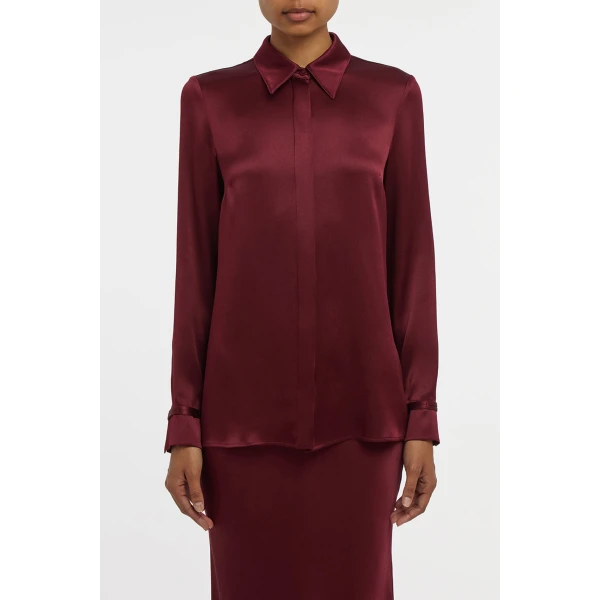Gabriela Hearst Cruz Shirt in Bordeaux Silk Satin, view 2