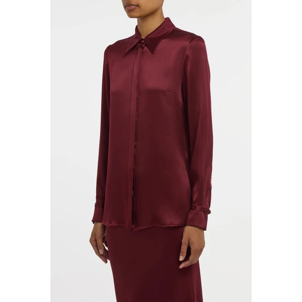 Gabriela Hearst Cruz Shirt in Bordeaux Silk Satin, view 3