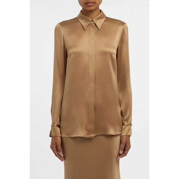 Gabriela Hearst Cruz Shirt in Camel Silk Satin, view 2