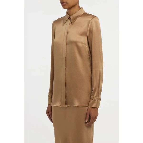 Gabriela Hearst Cruz Shirt in Camel Silk Satin, view 3