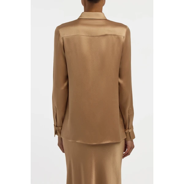 Gabriela Hearst Cruz Shirt in Camel Silk Satin, view 4
