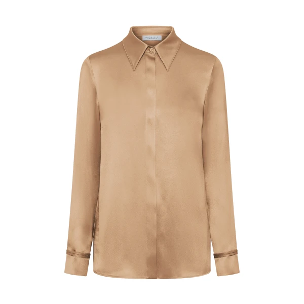 Gabriela Hearst Cruz Shirt in Camel Silk Satin, view 6