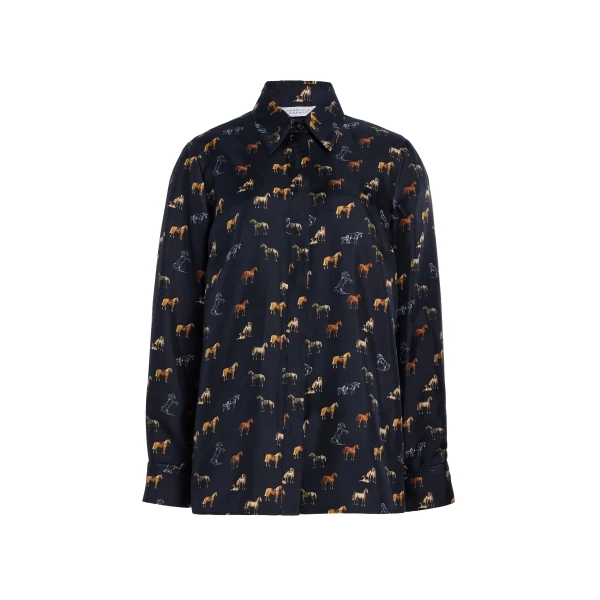 Gabriela Hearst Cruz Shirt in Dark Navy Multi Printed Silk Twill, view 2