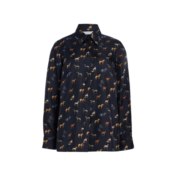 Gabriela Hearst Cruz Shirt in Dark Navy Multi Printed Silk Twill
