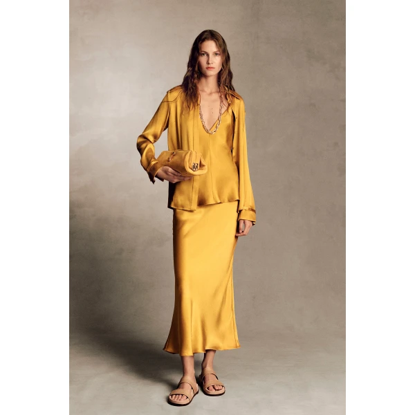 Gabriela Hearst Cruz Shirt in Golden Birch Silk Satin, view 2
