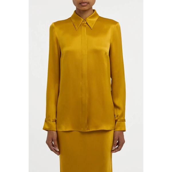 Gabriela Hearst Cruz Shirt in Golden Birch Silk Satin, view 3