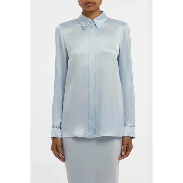 Gabriela Hearst Cruz Shirt in Light Blue Silk Satin, view 4