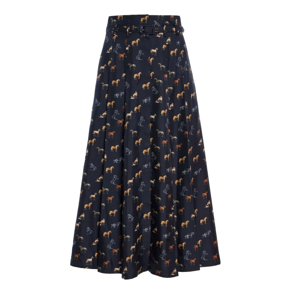 Gabriela Hearst Dugald Pleated Midi Skirt in Dark Navy Multi Printed Silk Twill, view 2
