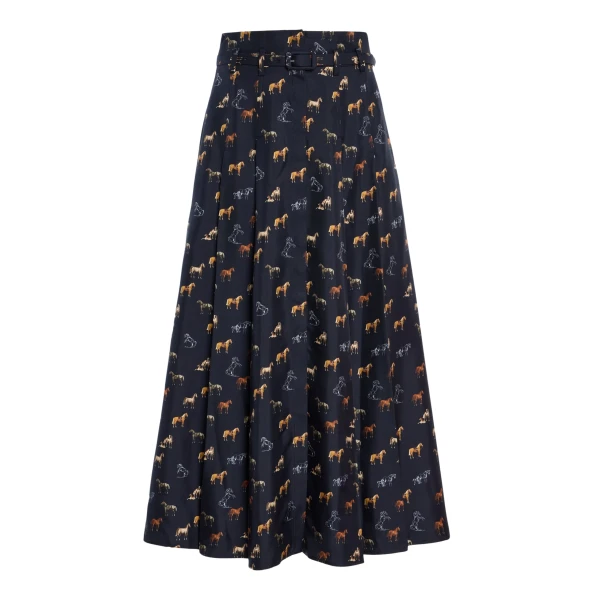 Gabriela Hearst Dugald Pleated Midi Skirt in Dark Navy Multi Printed Silk Twill