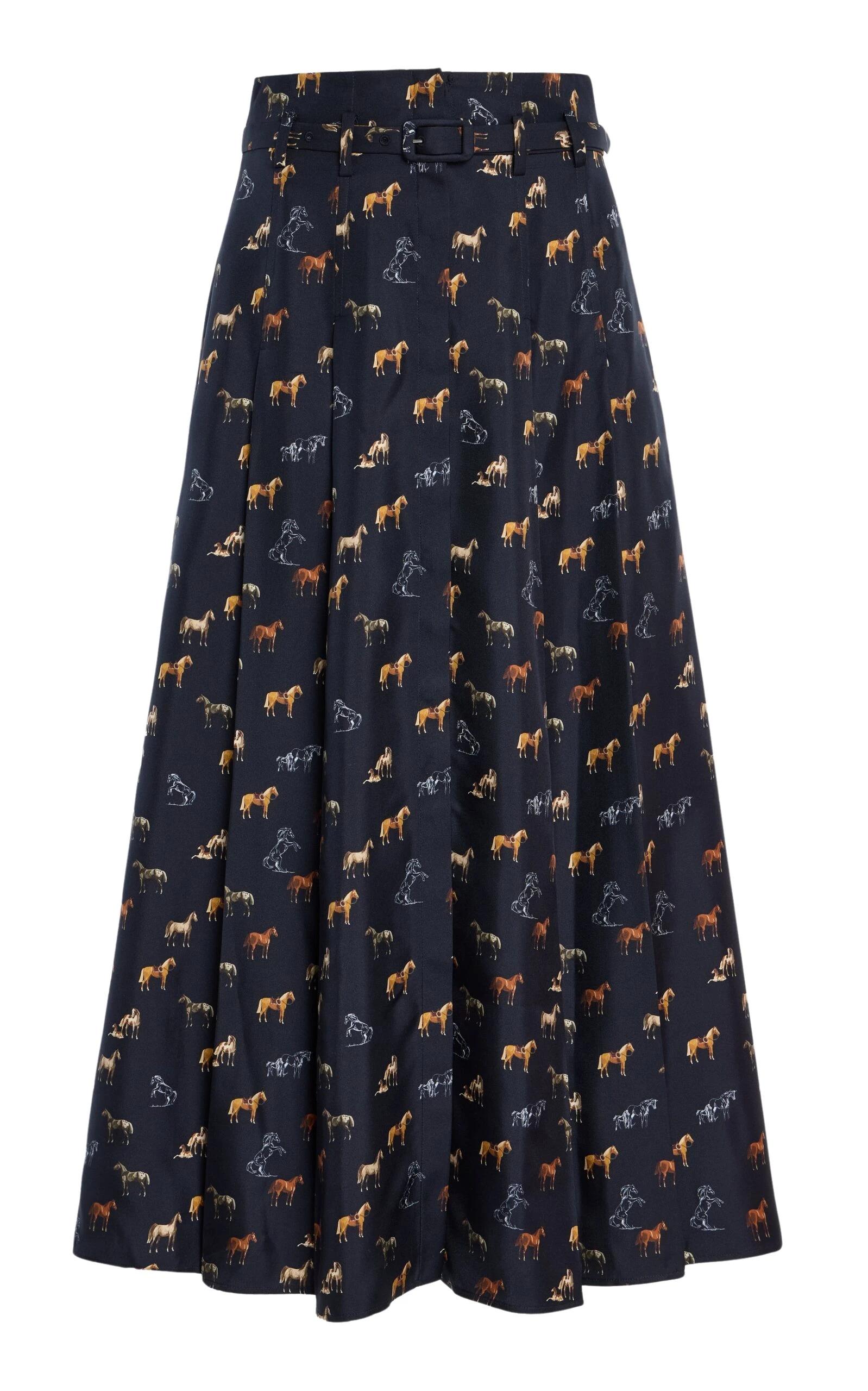 Gabriela Hearst Dugald Pleated Midi Skirt in Dark Navy Multi Printed Silk Twill