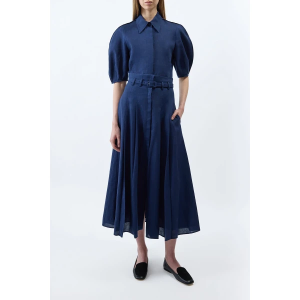 Gabriela Hearst Dugald Pleated Midi Skirt in Electric Navy Aloe Linen, view 2