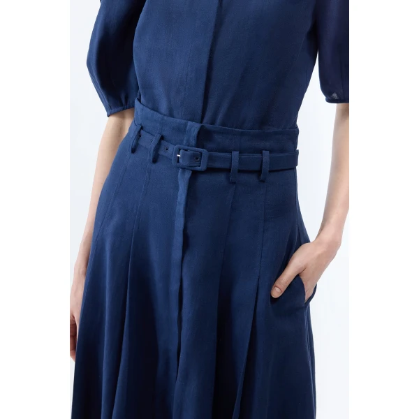 Gabriela Hearst Dugald Pleated Midi Skirt in Electric Navy Aloe Linen, view 5