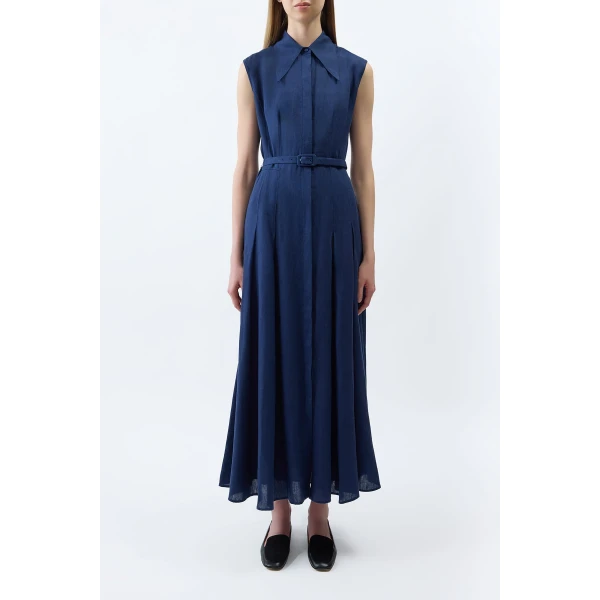 Gabriela Hearst Durand Pleated Maxi Shirtdress in Electric Navy Aloe Linen Dress, view 2