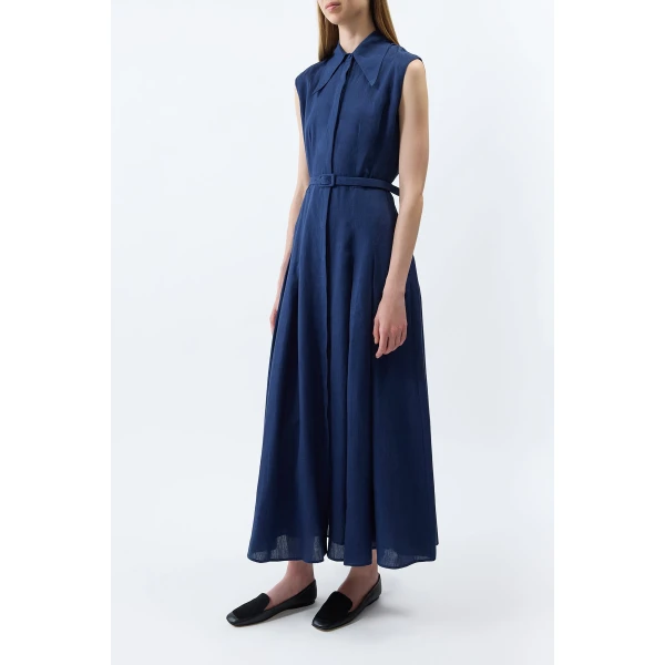 Gabriela Hearst Durand Pleated Maxi Shirtdress in Electric Navy Aloe Linen Dress, view 3