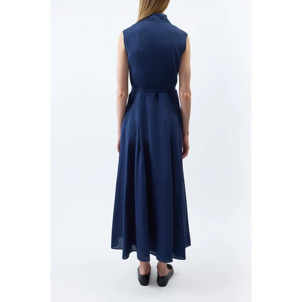 Gabriela Hearst Durand Pleated Maxi Shirtdress in Electric Navy Aloe Linen Dress, view 4