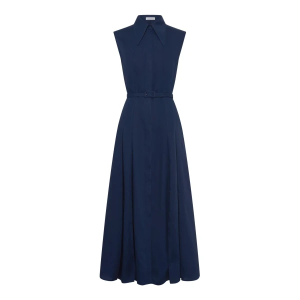 Gabriela Hearst Durand Pleated Maxi Shirtdress in Electric Navy Aloe Linen Dress, view 6