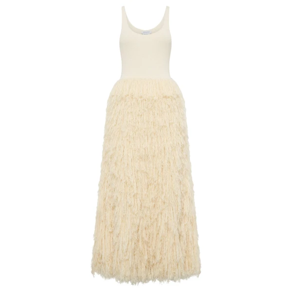 Gabriela Hearst Elianor Fringe Knit Maxi Dress in Off White Silk Cashmere