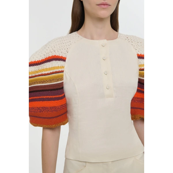 Gabriela Hearst Elira Crochet Puff Sleeve Top in Ivory Textured Linen Slub, view 2