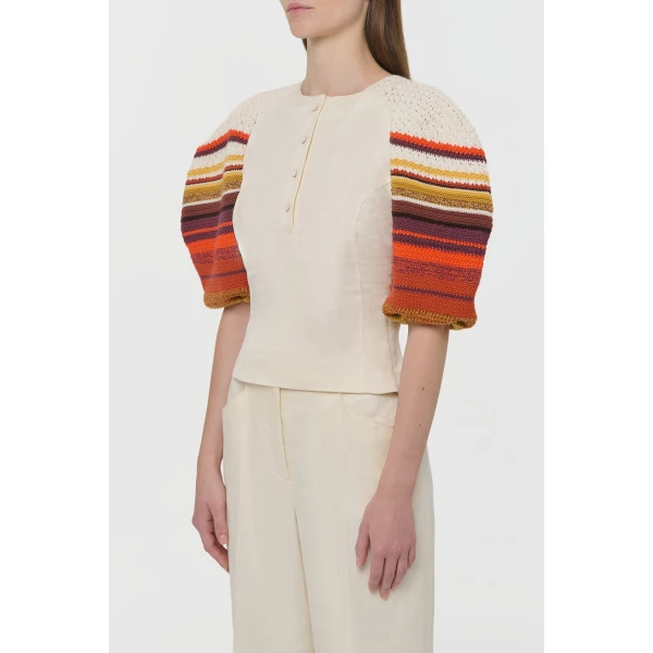 Gabriela Hearst Elira Crochet Puff Sleeve Top in Ivory Textured Linen Slub, view 3