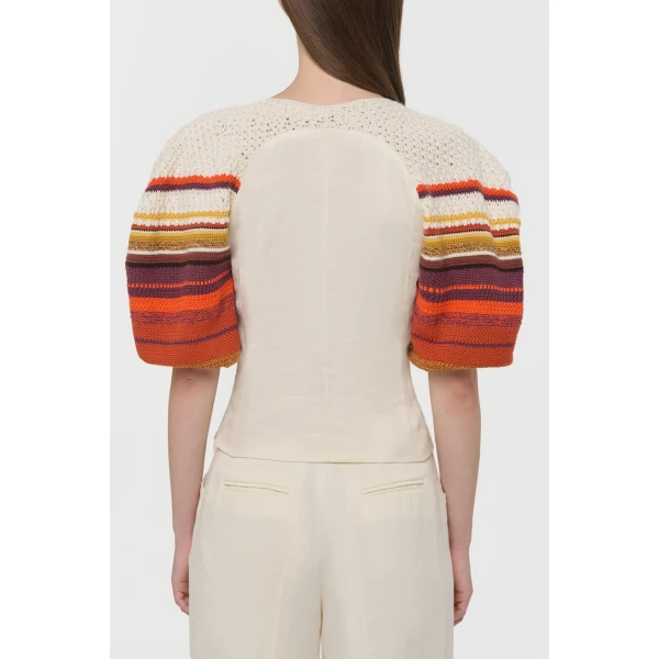 Gabriela Hearst Elira Crochet Puff Sleeve Top in Ivory Textured Linen Slub, view 4