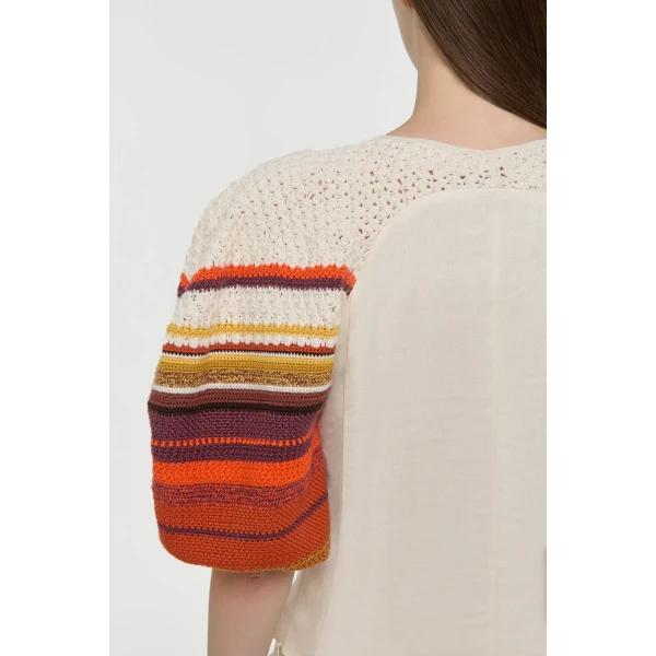 Gabriela Hearst Elira Crochet Puff Sleeve Top in Ivory Textured Linen Slub, view 5