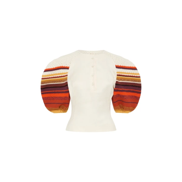 Gabriela Hearst Elira Crochet Puff Sleeve Top in Ivory Textured Linen Slub
