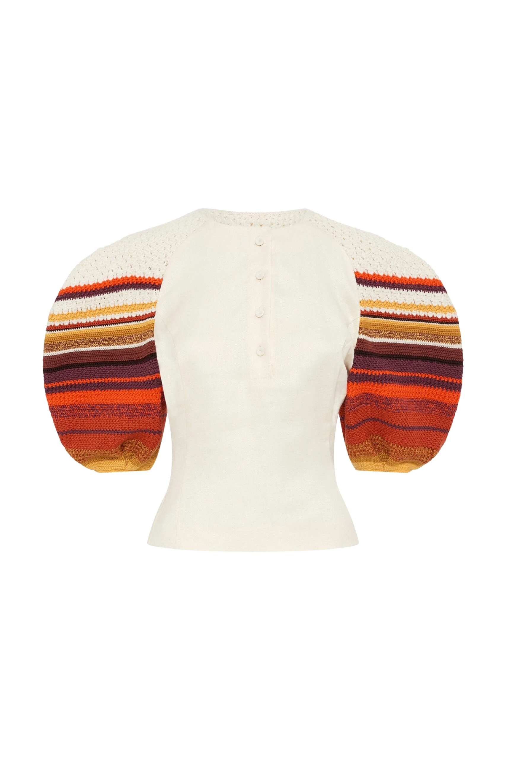 Elira Crochet Puff Sleeve Top in Ivory Textured Linen Slub