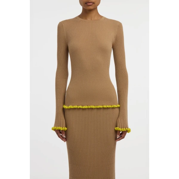 Gabriela Hearst Erya Knit Crewneck Sweater in Camel Cashmere Silk, view 3
