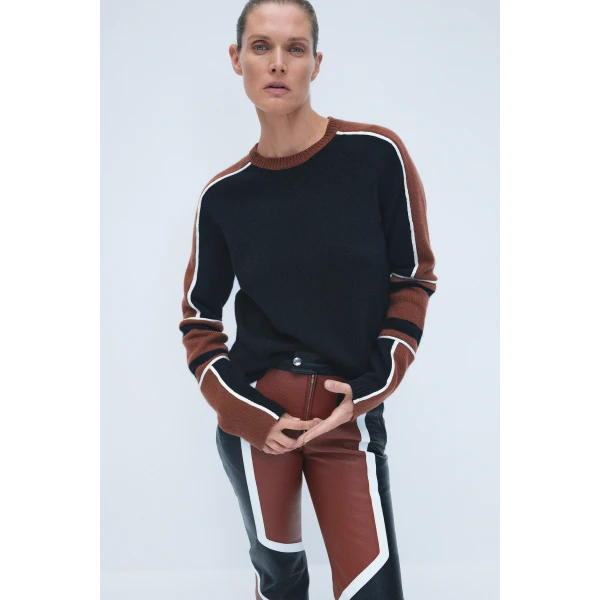 Gabriela Hearst Finnian Knit Moto Sweater in Cognac & Black Cashmere, view 2